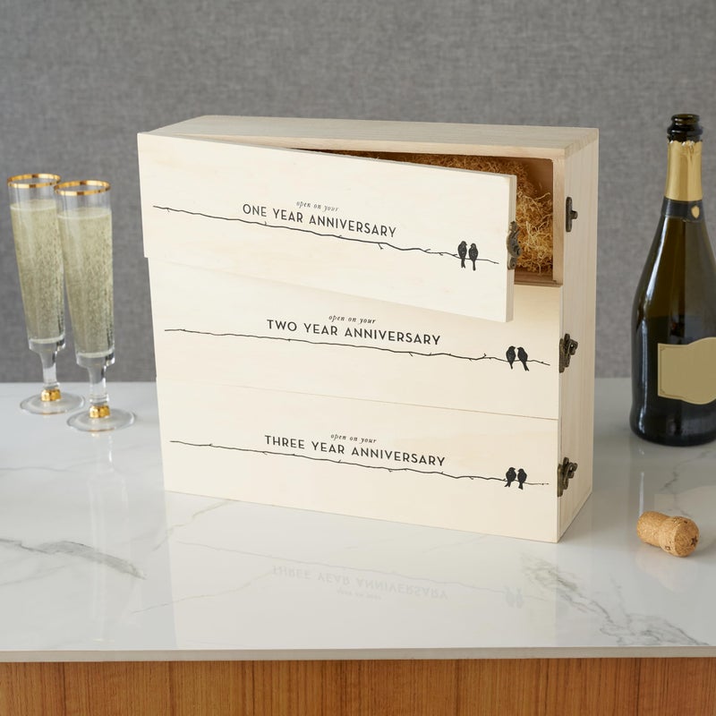Twine Newlywed's Anniversary Wooden Gift Box with Lids and Brass Latches, Fits 3 Standard Wine Bottles, Wedding Keepsake Boxes, Decorative Storage Case for Mementos - Image 4